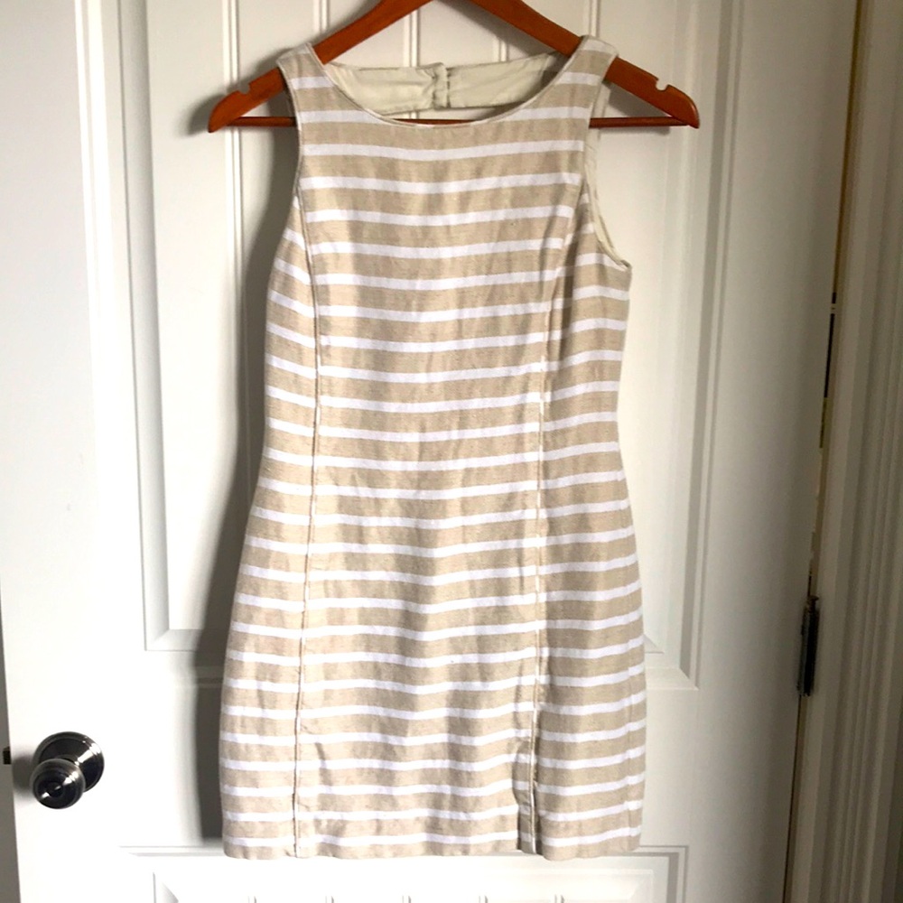 Banana Republic beige and white striped linen dress